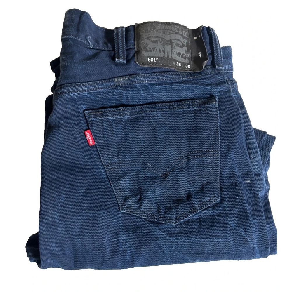 Levi's 501 Jeans Mens 38x30 Blue Denim Stretch Red Tab Flat Front Straight Leg